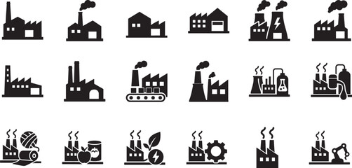 Modern factory icon set with industrial buildings and production symbols in clean outline vector style.