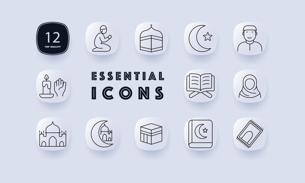 Islamic set icon. Rounded icons depict prayer, mosque, crescent, star, book, candle, man, woman, flag, rug, tomb, and religious hand gesture symbols in thin-line form.