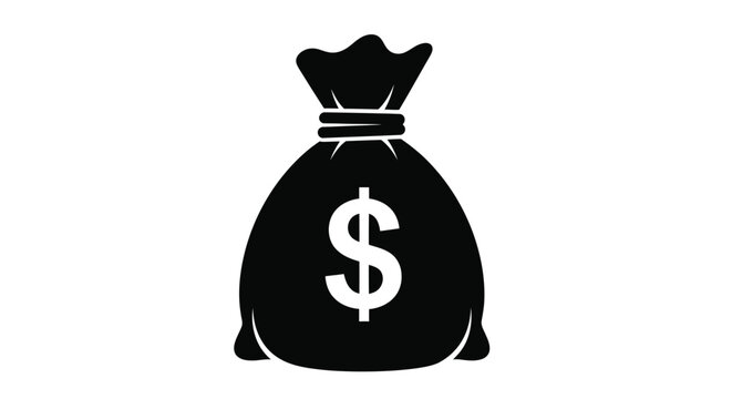 Simple black and white illustration of a bag with a dollar sign on it