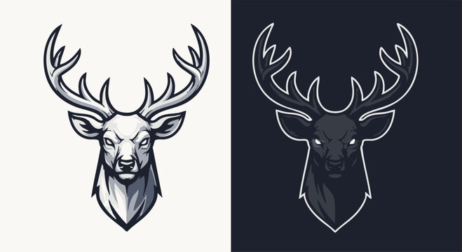Two stylized deer head logos, one white on light background and one dark on dark background, both featuring antlers in an aggressive mascot design style.