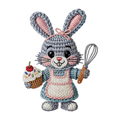 Obraz premium A charming bunny holds a cupcake and whisk. Crafted with a knitted texture, the design is playful and vibrant