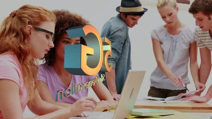 Animation of 5g text banner spinning over group of male and female college students studying - Powered by Adobe