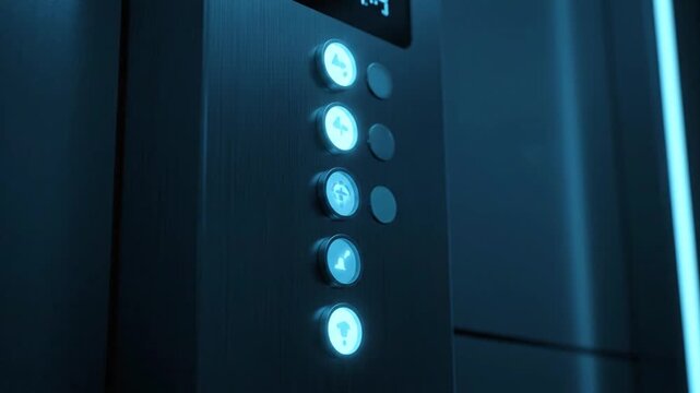 Close-up of anime-inspired elevator button panel glowing brightly in dark surroundings