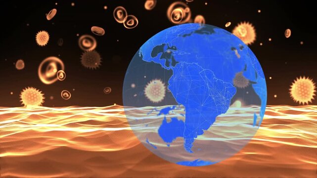 Animation of covid-19 cells floating over spinning globe against orange digital wave