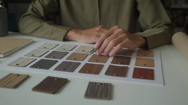 Interior designer selecting wood laminate for modern office