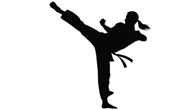 Martial Artist Kick Silhouette in Dynamic Action with High Contrast Lighting on Isolated White Background for Fitness Advertising - Powered by Adobe