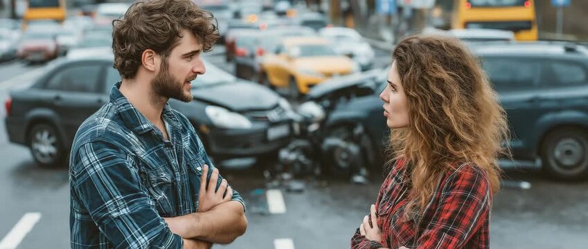 After the vehicle collision, a man and woman are seen bickering while standing together on the road with their cars in the backdrop.