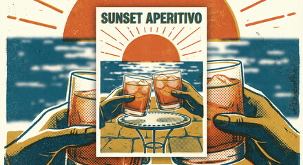 Retro Risograph poster of a sunset aperitivo. Features two hands clinking cocktail glasses over a seaside cafe table at dusk. Vibrant orange and teal palette with a grainy, vintage texture.