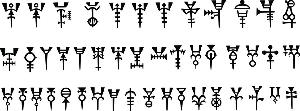 Collection of ancient sumerian cuneiform symbols and hieroglyphs on white background