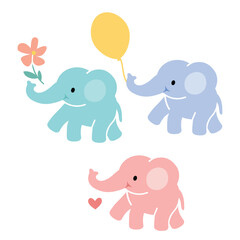 Cute cartoon elephants with heart symbol, balloon and flower, isolated on white background. Elephant Safari Animal. Vector illustration
