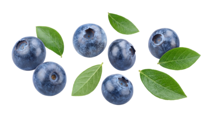 a close-up photographic composition of plump, ripe blueberries artfully arranged with fresh green leaves on a dark background, emphasizing their natural beauty and health benefits.