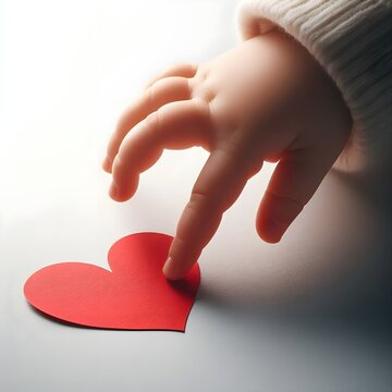 Close-up of a baby&rsquo;s hand reaching for a red heart, symbolizing early emotional connection, love, and innocence.