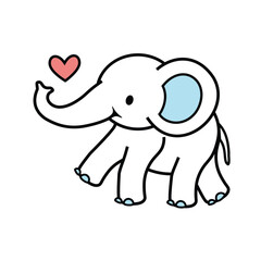 Cute cartoon elephant with heart symbol, isolated on white background. Elephant Safari Animal. Coloring page for kids. Vector illustration