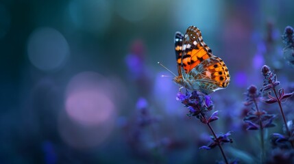 Obraz premium Vibrant Butterfly Perched on Purple Flower Amid Soft Bokeh Background in Nature, Showcasing Bright Colors and Delicate Features in a Tranquil Setting