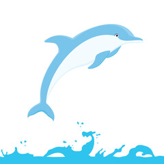 Cute cartoon dolphin jumping out of the water, sea or ocean