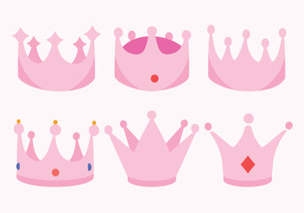 Cute and girly pink princess crown icon set, isolated on white background. Queen cartoon crown collection. Vector illustration