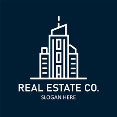 Obraz premium Modern Line Art Real Estate Company Logo with City Buildings Icon