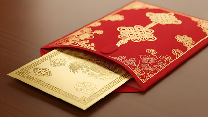 Fototapeta premium Red Envelope with Gold Ornament and Money.