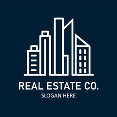 Fototapeta premium Modern Line Art Real Estate Company Logo with City Buildings Icon