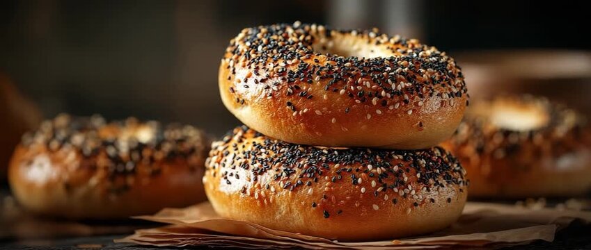Sesame seed bagels piled on paper. Other bagels and a blurry figure are visible in the background.