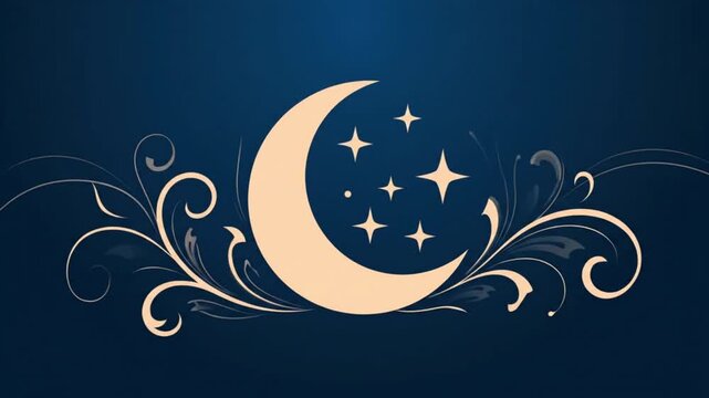 Elegant crescent moon and stars with decorative swirling patterns on a dark blue background.