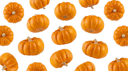 a repeating pattern of small, bright orange pumpkins with visible ribs and stems, arranged...