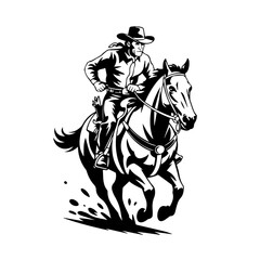 Naklejka premium Bold Black Retro Inspired Western Illustration of Full Cowboy in Action Riding a Galloping Horse Vector