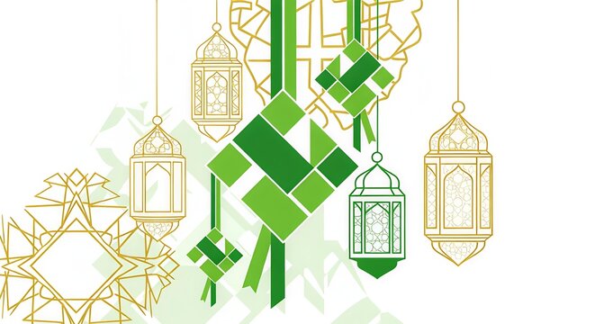 Decorative Islamic ornament background with hanging lanterns and ketupat line art for Hari Raya celebration.