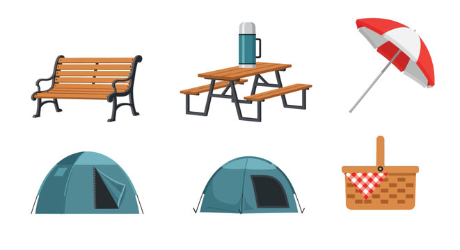 Outdoor recreation set including picnic table beach umbrella tents and camping accessories
