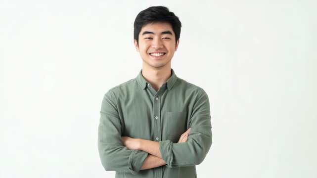 This is a portrait of a young man posing with his arms crossed and a smile on his face. He appears cheerful and confident in front of a plain background.