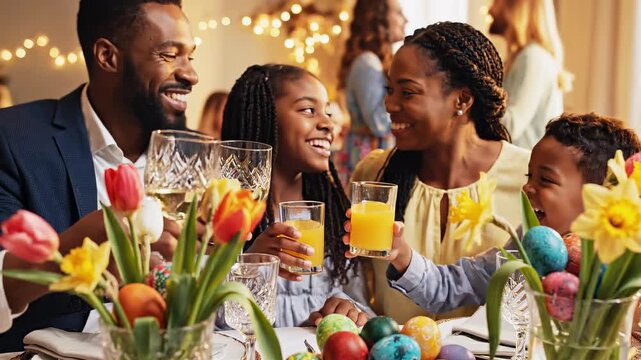 Happy african american family celebrating easter dinner together