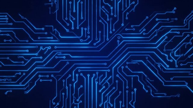 A futuristic blue circuit board design with intricate pathways and connections on a dark background.
