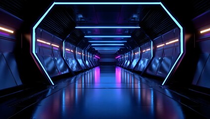 Dark futuristic spaceship corridor with blue and pink neon lighting, metallic walls and reflective floor panels