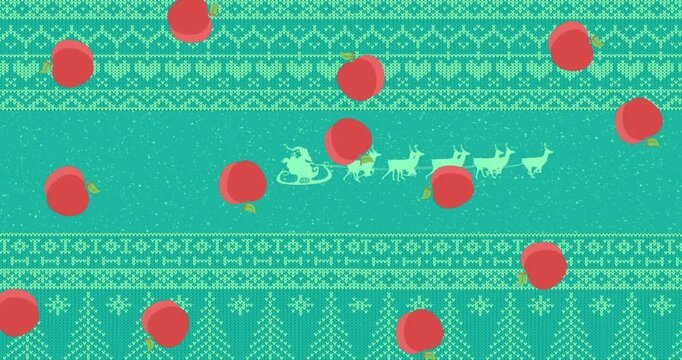 Animation of christmas red apples falling over pattern on green background