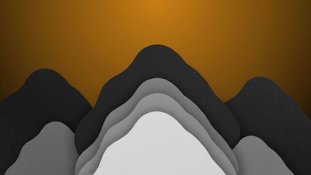 Abstract layered mountain landscape with gradient orange sky and grey and white paper-cut style hills.