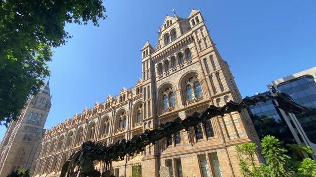 Wide view of the Natural History Museum exterior surrounded by greenery under a clear blue sky in London, UK