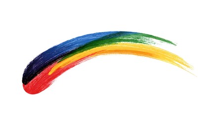 Vibrant artistic paint stroke in curved shape displaying spectrum of colors from deep red through blue and green to bright yellow against clean white backdrop