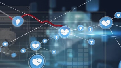 Animation of network of digital icons over interface with data processing against blue background - Powered by Adobe