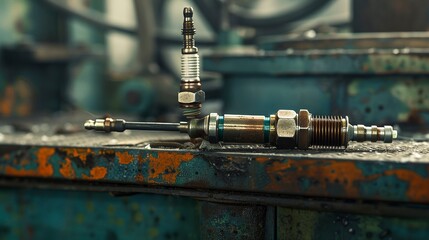 A photo of a spark plug and ignition coil on a bench.