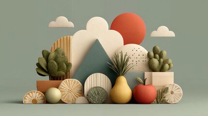 Flat illustration of Clean Monday outdoor celebration, people-free picnic setup with bread, olives and vegetables, flowing fabrics, boho textures mixed with memphis shapes