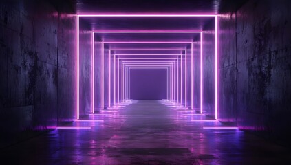 Abstract futuristic neon corridor with purple glowing light frames leading into dark infinity on reflective floor creating cyber synthwave atmosphere for backdrop use