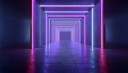 Luminescent purple tunnel with minimalist neon light bars on ceiling and floor representing high tech corridor design for virtual reality or metaverse background assets