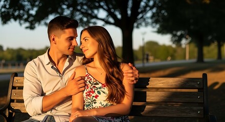 Romantic young couple sitting on park bench man embracing woman warm sunlight serene outdoor setting love and affection tender moment relationship