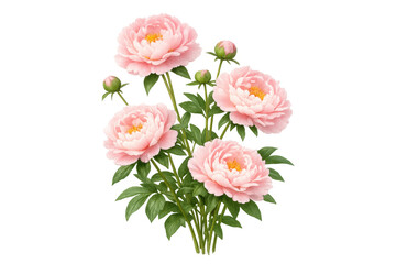 Fototapeta premium Pink peonies blooming, soft petals opening, creating a delicate floral bouquet with green leaves on transparent background
