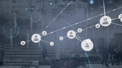 Animation of network of connections with icons over cityscape - Powered by Adobe