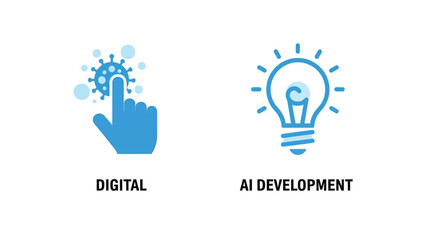 Digital and AI Development Icons in Simple Flat Design with Blue Color Scheme on White Background for Technology Illustration