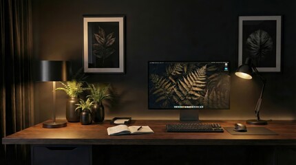 Dark Professional Workspace Background, Moody Home Office Interior, Computer Monitor Desk Setup, Zoom Virtual Meetings Backgrounds, Online Presentations Backdrop, Warm Lighting, Elegant Decor