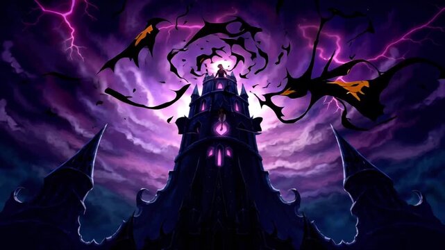 Cinematic 4K animated video, evil anime girl standing gothic tower, dark aura swirling around her, living shadow tendrils, floating glowing runes, stormy anime sky purple black lightning, tattered