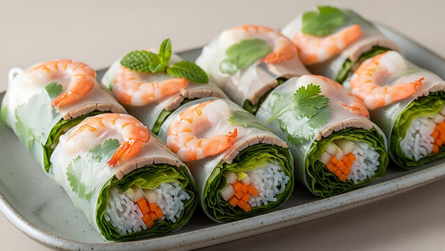 Authentic vietnamese fresh spring rolls with shrimp and herbs, healthy summer rolls with rice paper wrapper and vermicelli noodles, fresh appetizer for diet.