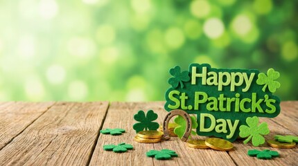 Celebrating st. Patrick's day with green decorations festive coins natural background wooden surface captured in a cheerful atmosphere